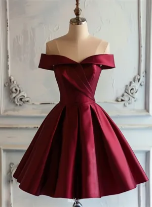 Wine Red Satin Off Shoulder Short Party Dress, Wine Red Homecoming Dress