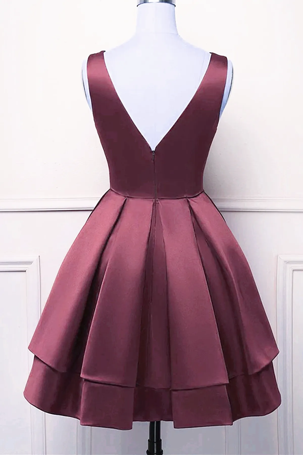 Wine Red Satin V-neckline Short Party Dress, Wine Red Homecoming Dress