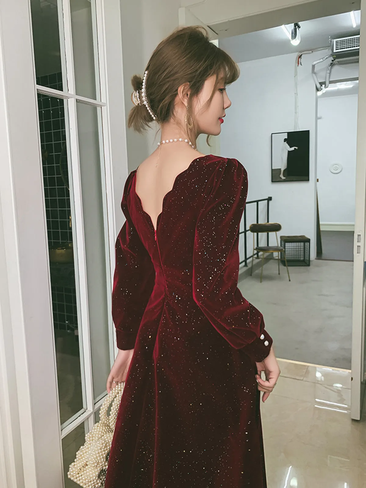 Wine Red Velvet Tea Length Long Sleeves Party Dress, Wine Red Homecoming Dress