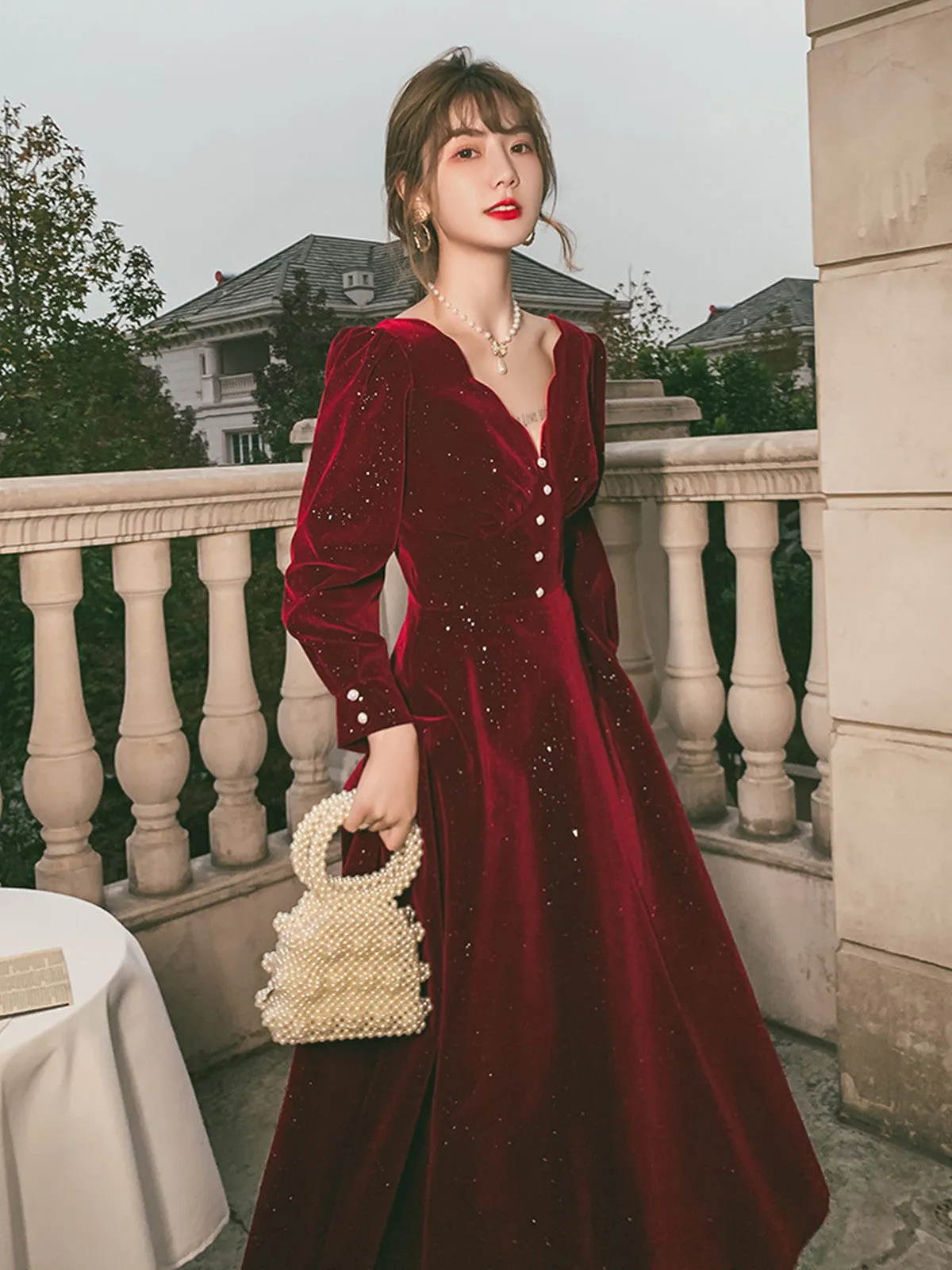 Wine Red Velvet Tea Length Long Sleeves Party Dress, Wine Red Homecoming Dress