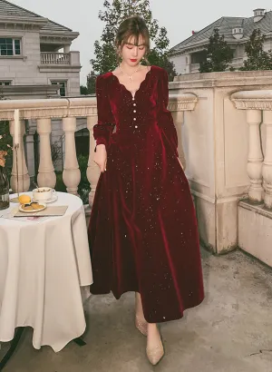 Wine Red Velvet Tea Length Long Sleeves Party Dress, Wine Red Homecoming Dress