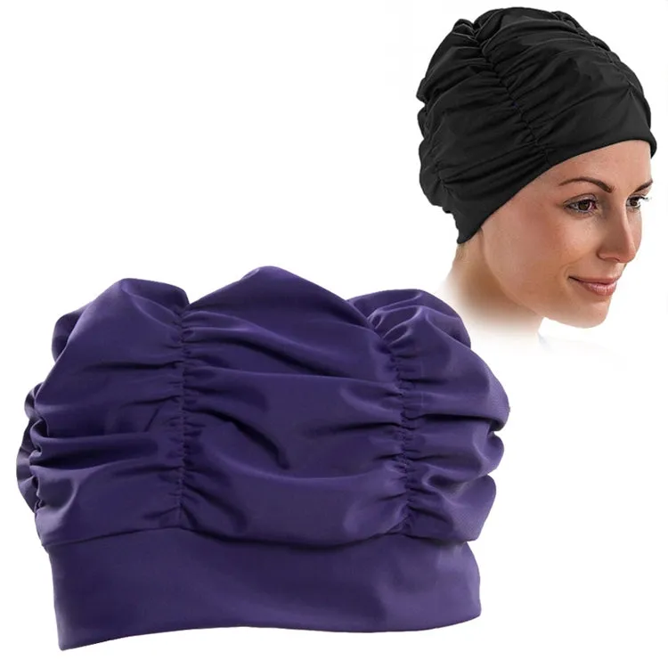 Women Earmuffs Pleated Cloth Swimming Cap(Purple)