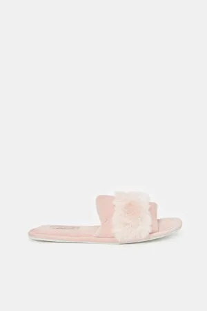 Women Pink Fur Trim Slipper